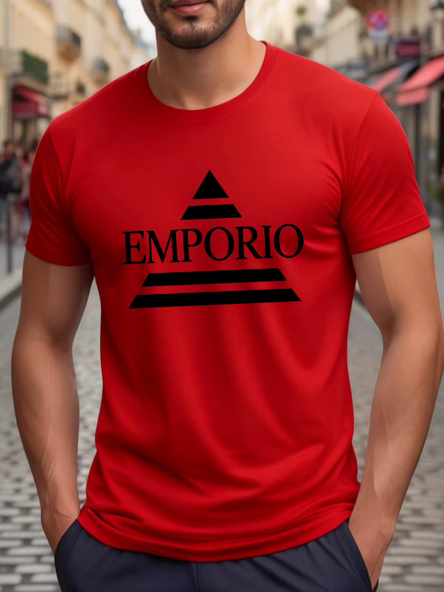 T-shirt blanc à col rond et manches courtes avec triangle noir et impression de lettres « EMPORIO »