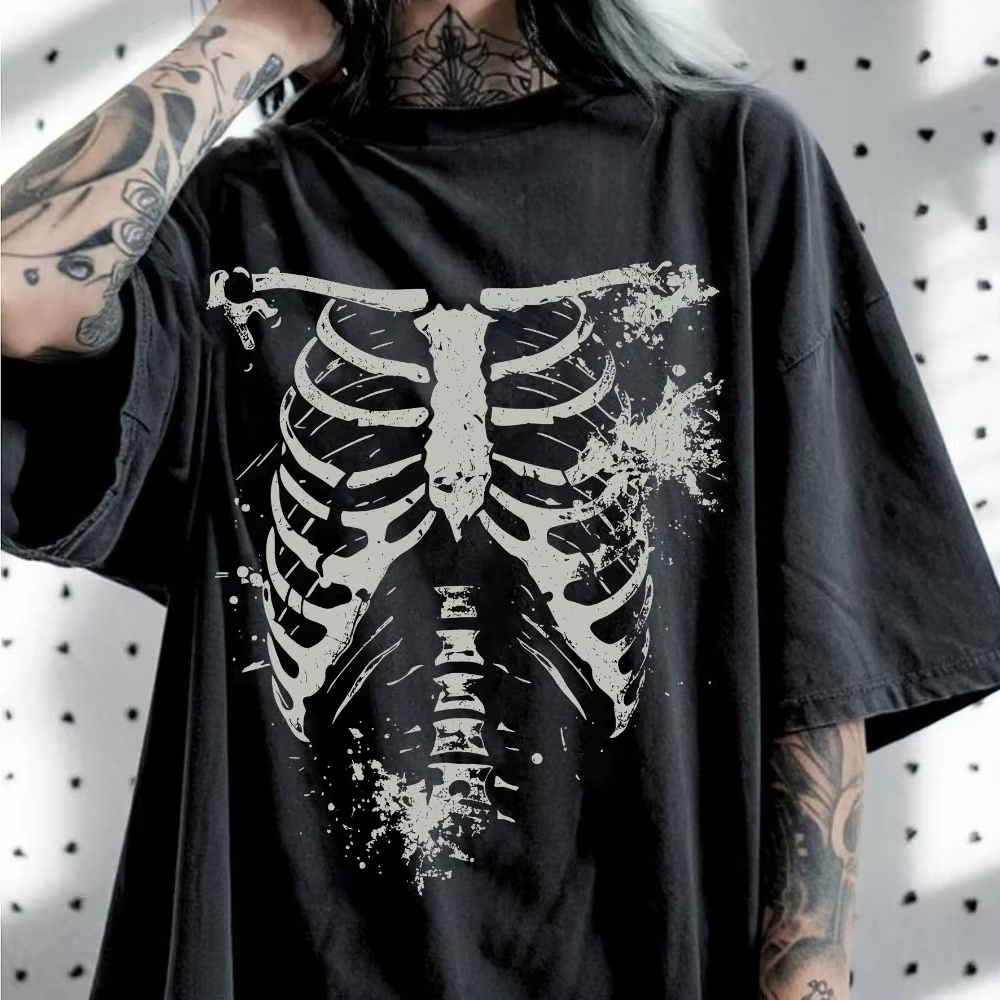 T-shirt décontracté unisexe à imprimé crâne style sombre