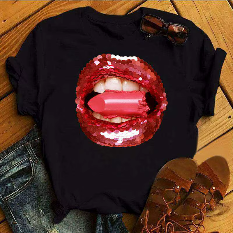 T-shirt tendance unisexe en coton pur imprimé Lips