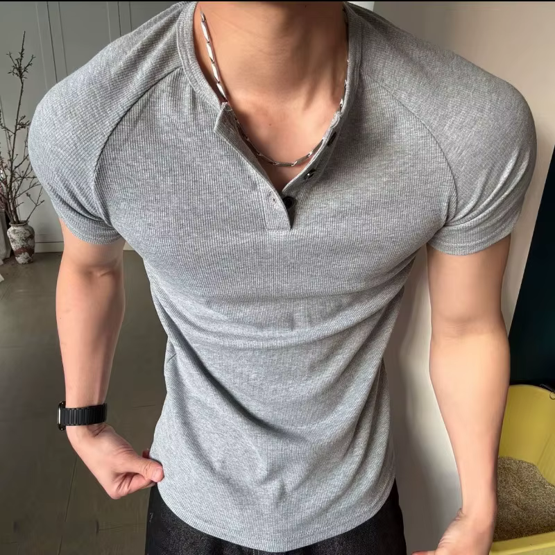 T-shirt homme slim fit à col henley, manches courtes, tricot côtelé, coupe musclée, décontracté, pour l'entraînement, tee-shirt de base pour l'été