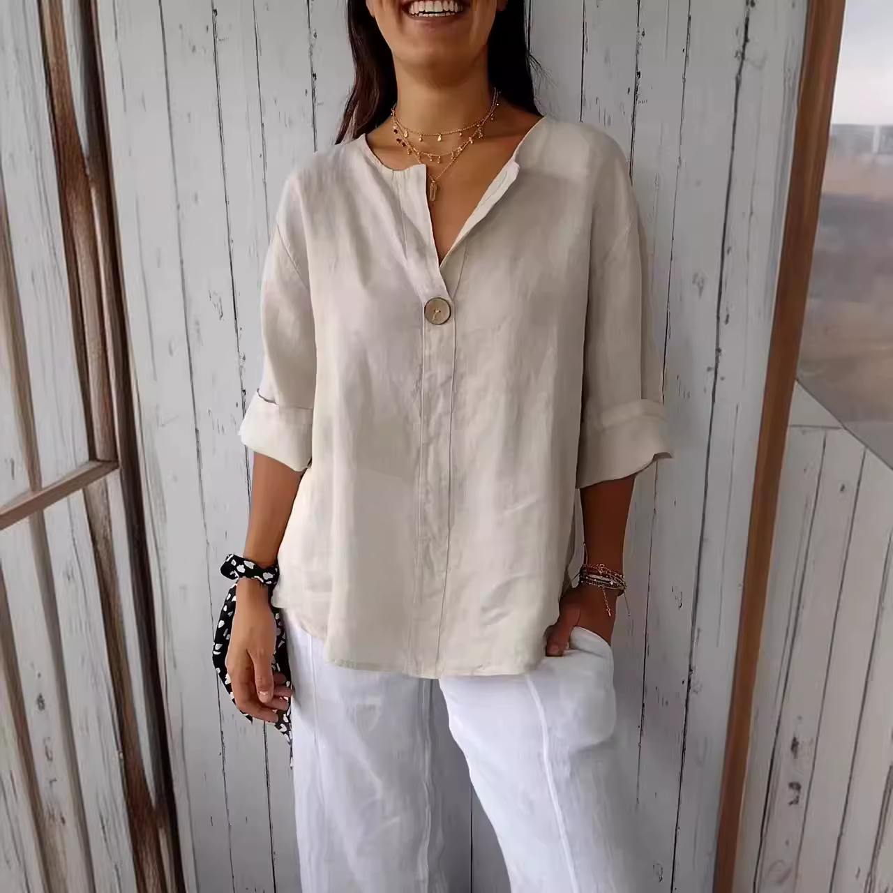 Blouse décontractée pour femme 2026 – Nouveau T-shirt ample d'été en coton et lin à col en V avec boutons – Vêtements féminins