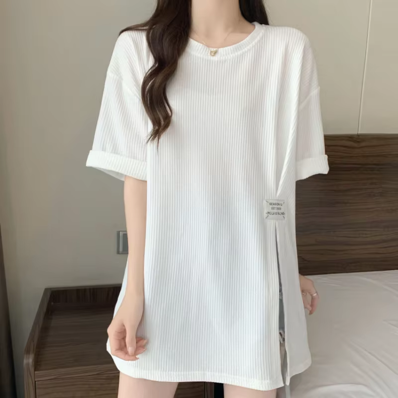 Style paresseux ample fente ourlet jeunesse hauts été à manches courtes col rond simplicité rue décontracté t-shirts mode coréenne femmes vêtements