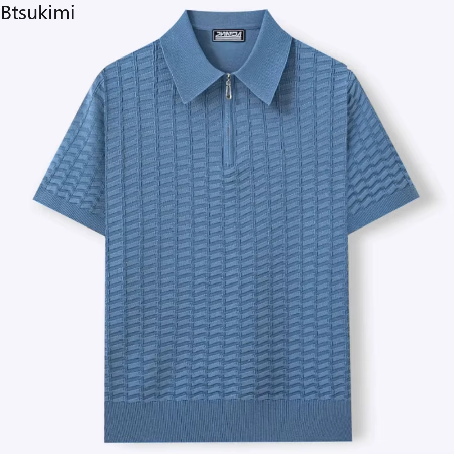 Nouveaux Polos Homme Décontractés Coupe Slim Été Couleur Unie Tricotés Pulls Vintage Manches Courtes Texturés