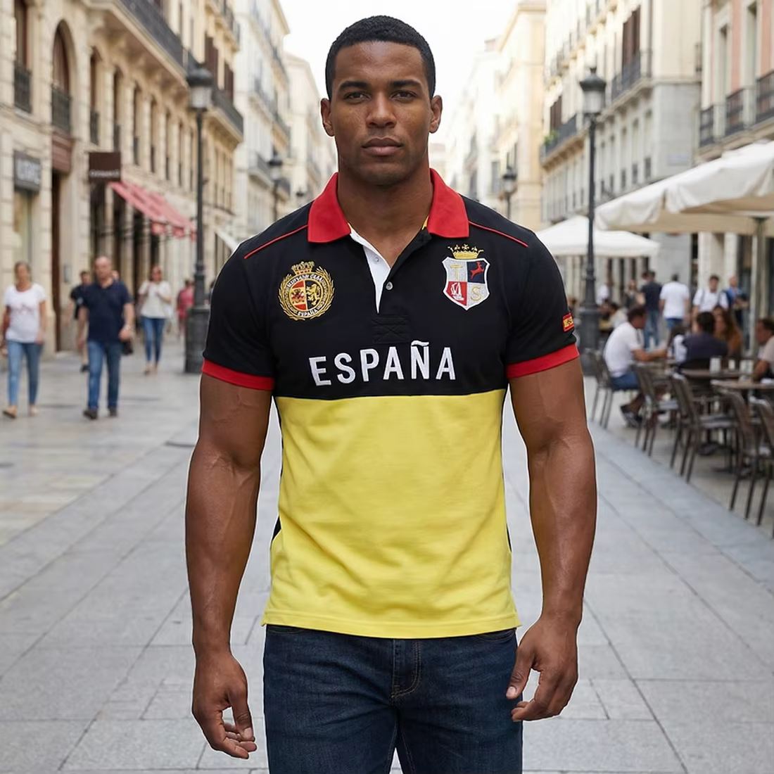 Polo Homme Espagne Manches Courtes Coton Brodé avec Fente Couleur Contrastante Design Original Loisirs Sport Fête