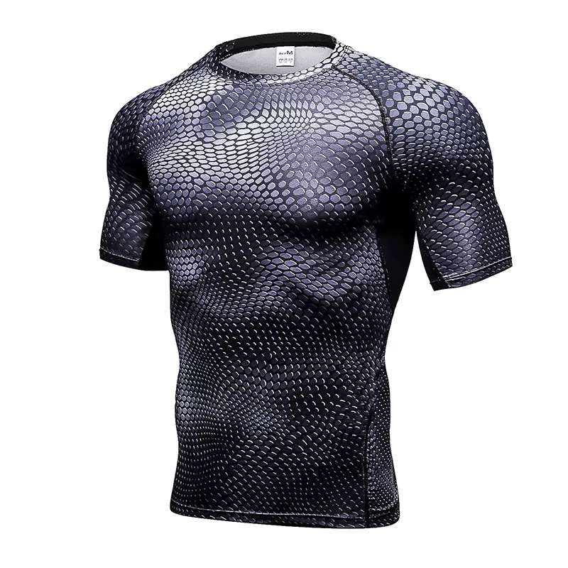 Chemises imprimées à Compression pour hommes, T-Shirt d'entraînement à manches courtes, hauts de course à séchage rapide, chemise d'entraînement athlétique