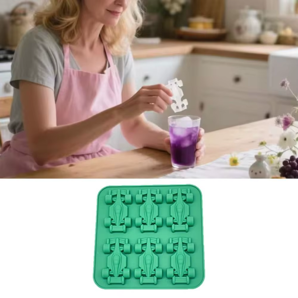 Moule à glaçons en silicone antiadhésif 6 cavités en forme de voiture de course, idéal pour la pâtisserie 3D et les aliments complémentaires - Nouveauté ustensiles de cuisine