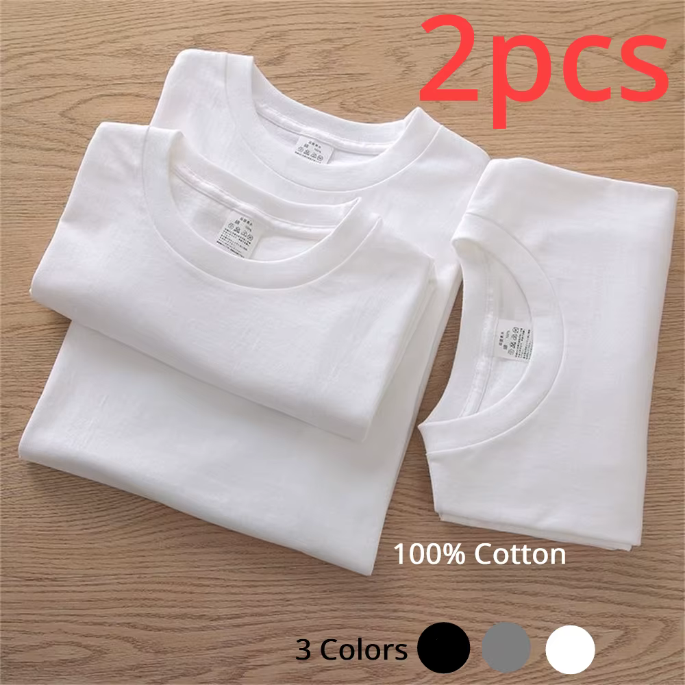 2 pièces 100% coton solide t-shirts hommes et femmes à manches courtes blanc