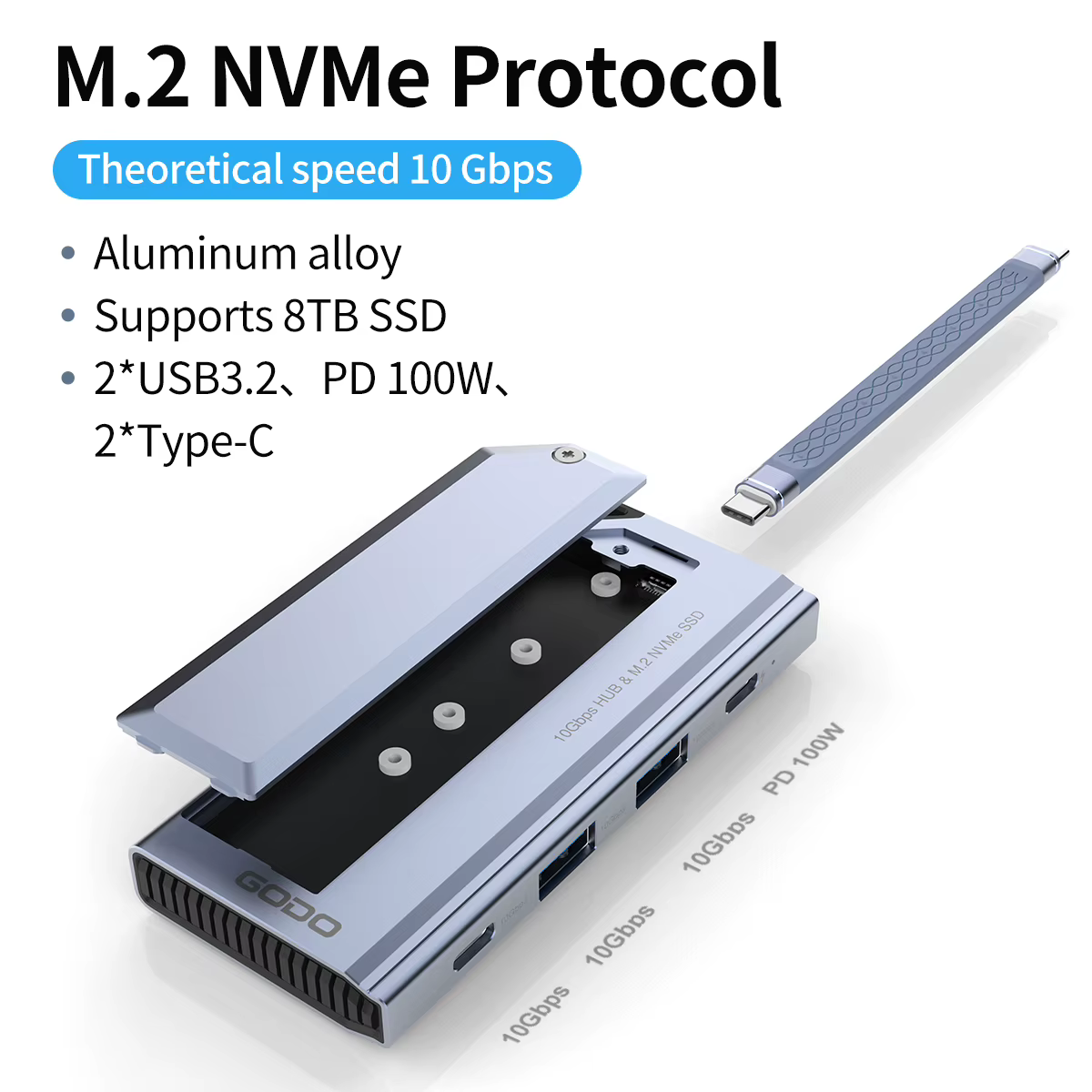 Boîtier de disque dur SSD NVMe M.2 GODO, USB3.2 Gen 2 10 Gbps, PD 100 W, adaptateur 4 en 1, station d'accueil d'extension USB
