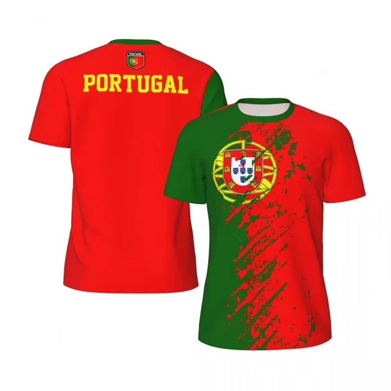 T-shirt de sport respirant à séchage rapide avec impression 3D du drapeau du Portugal pour hommes et femmes, maillot de football d'extérieur, haut à manches courtes pour équipe et club
