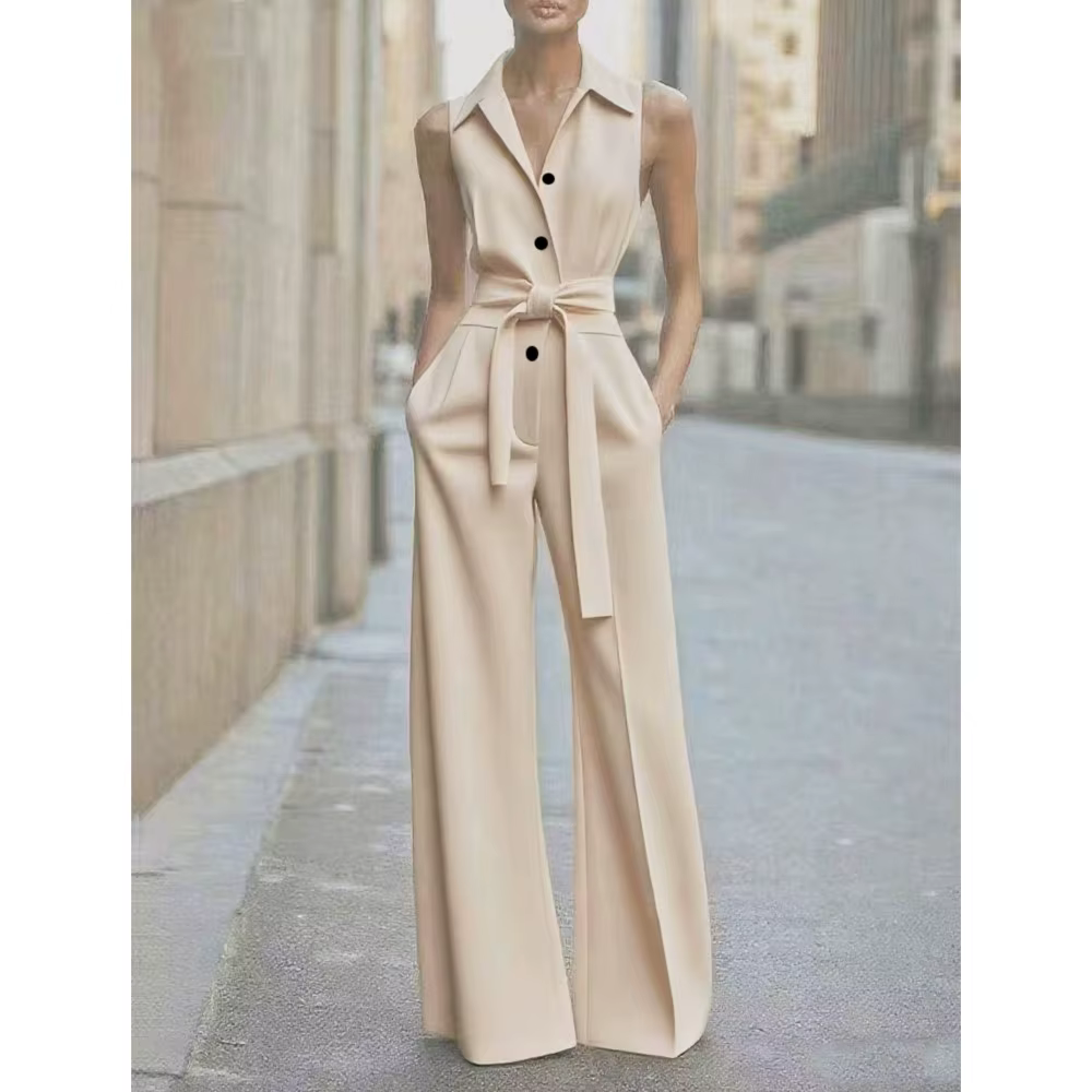 Combinaison à revers sans manches pour femmes, mode boutonnée, col de chemise, couleur unie, jambes larges, bureau de déplacement avec poche