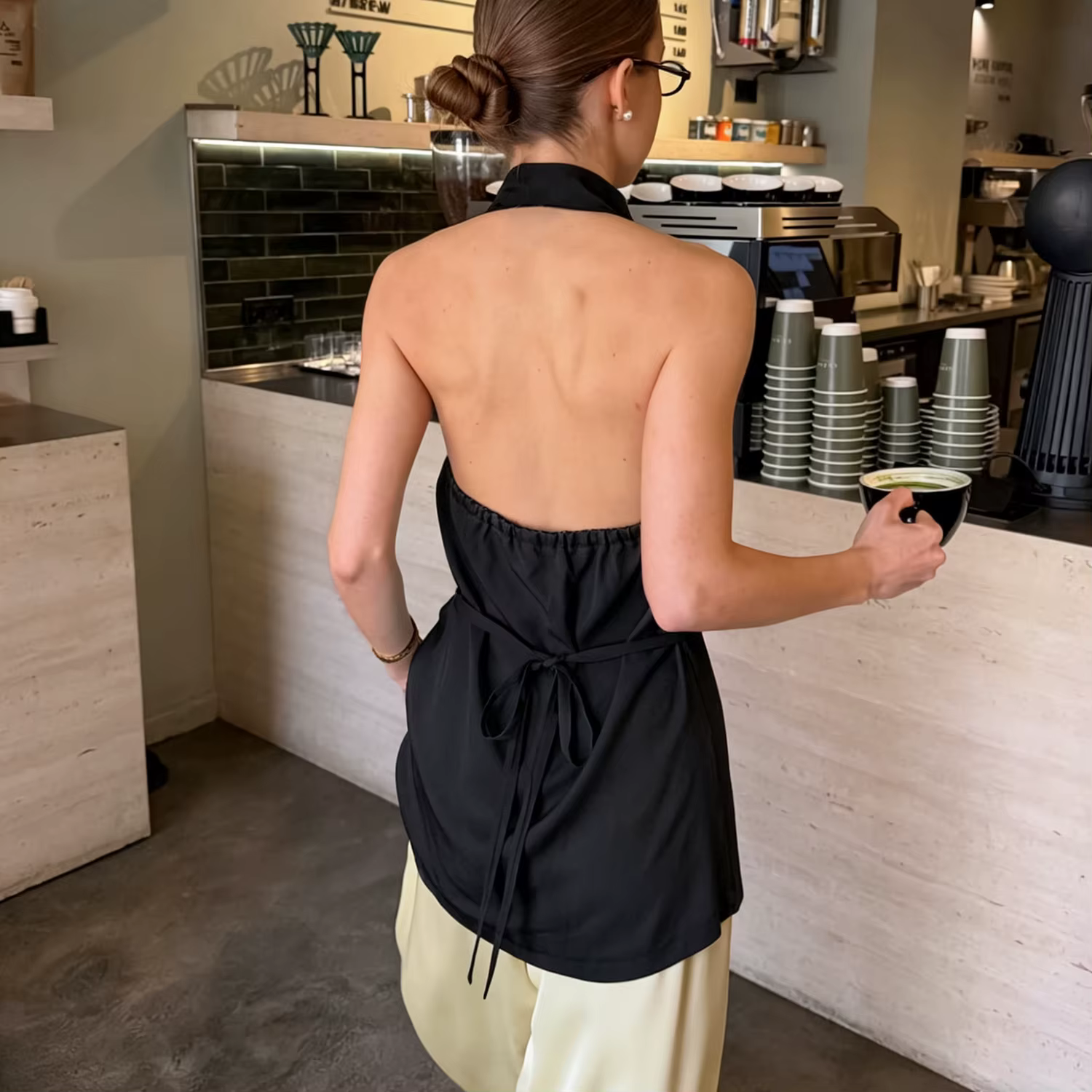 Haut débardeur halter PUAL, design à nouer sur le côté, chemisier décontracté sans manches à col montant, haut pour femme en tissu doux pour le quotidien