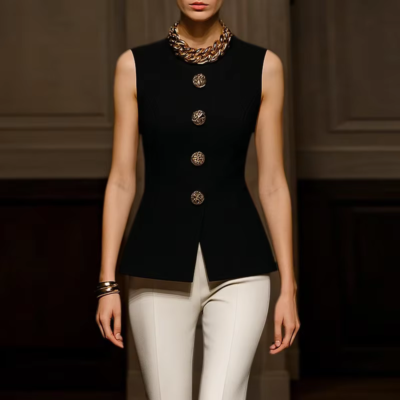 Modigirl 2025 noir élégant été hauts pour femmes sans manches bouton Simple Streetwear T-shirts femme sortir vêtements