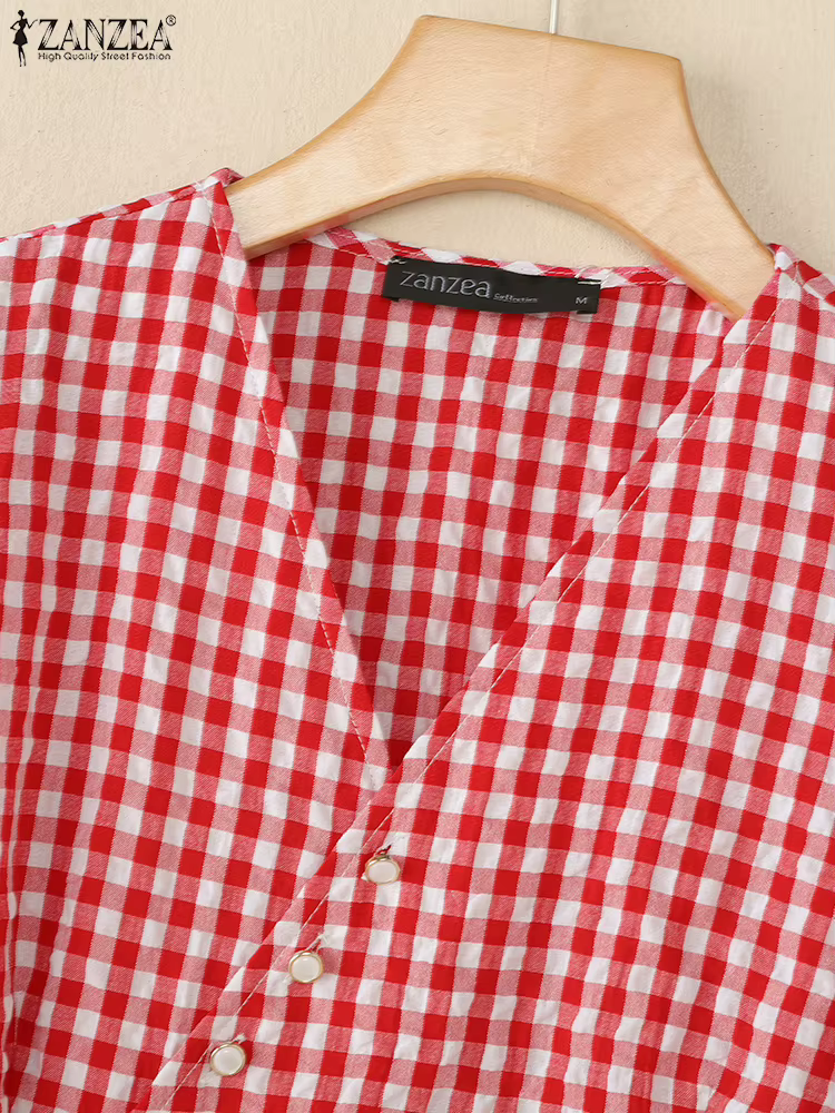ZANZEA manches courtes bouffantes Vintage Blouses taille nouée décontracté été col en v Peplum hauts femmes vichy élégant enveloppé chemises