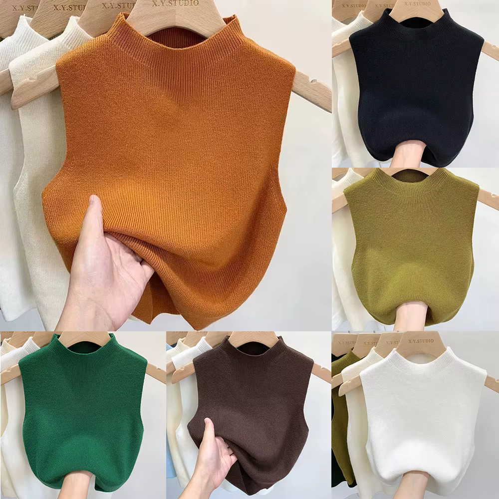 Débardeur femme couleur unie t-shirts tricotés recadrée Camisole pull demi-col roulé printemps automne sans manches топ ж dik onder