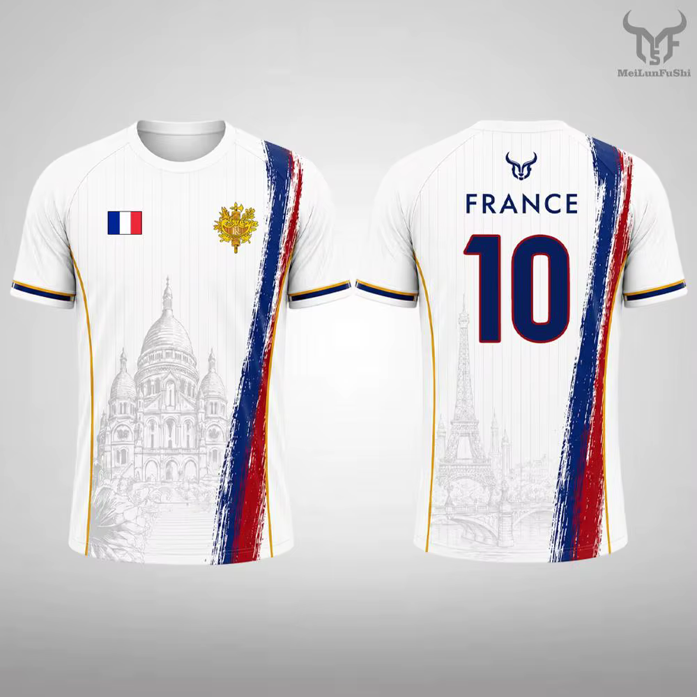 T-shirt imprimé drapeau français 2026 – Maillot de football à séchage rapide pour l'été – Streetwear décontracté – Tee-shirt sport à manches courtes – Pour les fans et les familles (modèle assorti)