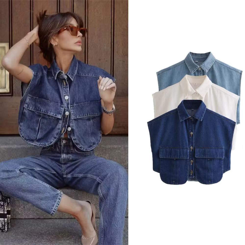 Chemisier court en denim pour femme avec poches