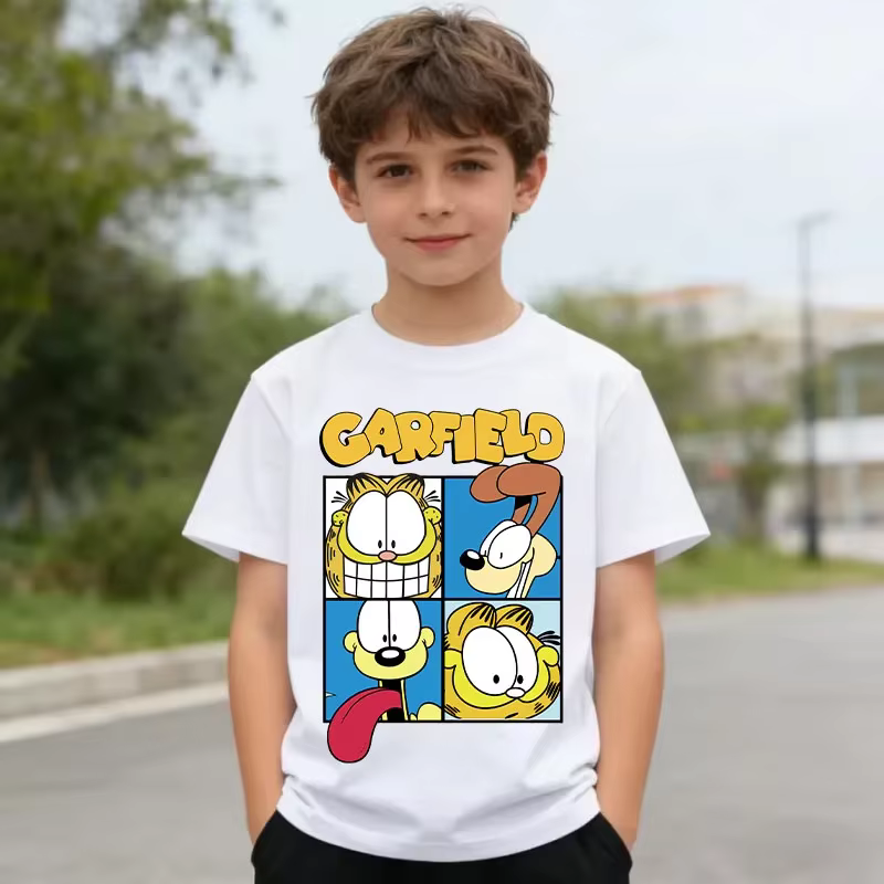Nouveau t-shirt d'été avec imprimé de dessin animé Garfield - Chemise de sport à manches courtes en pur coton pour enfants ou haut décontracté pour filles