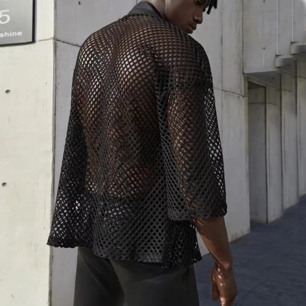 Hommes hauts en maille évider T-shirt masculin Cardigan châle Streetwear