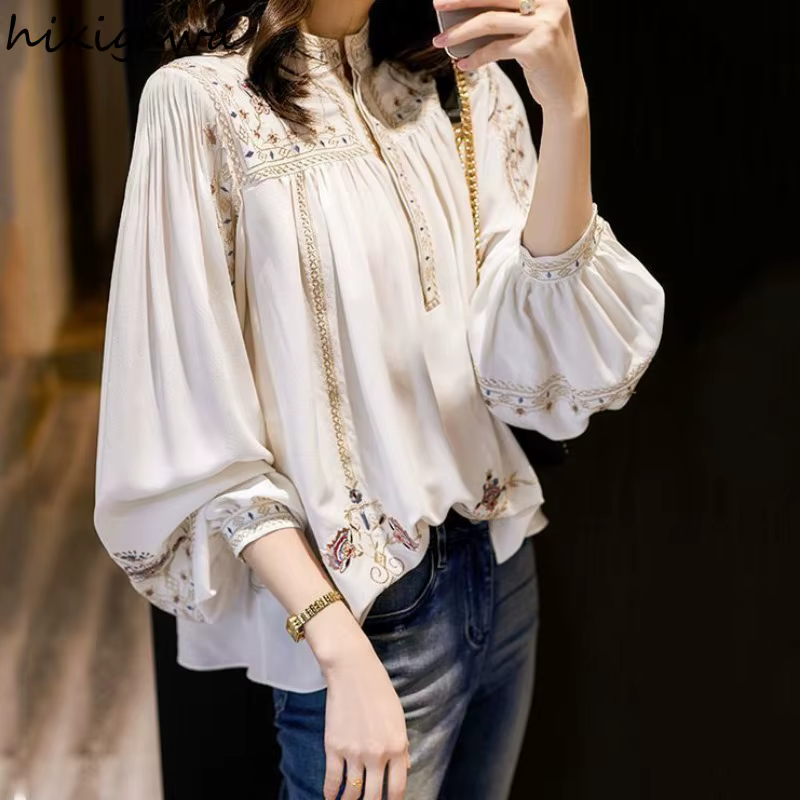 Chemisier De mode pour femmes à manches longues imprimé chemises amples 2025 Blusas Mujer De Moda col rond Vintage bohême été Blouses hauts