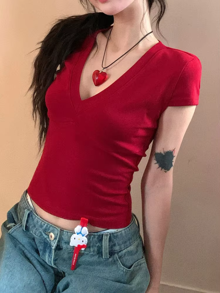 Col en v à manches courtes hauts décontracté femmes t-shirts noir été maigre Sexy solide basique haut court mode Streetwear