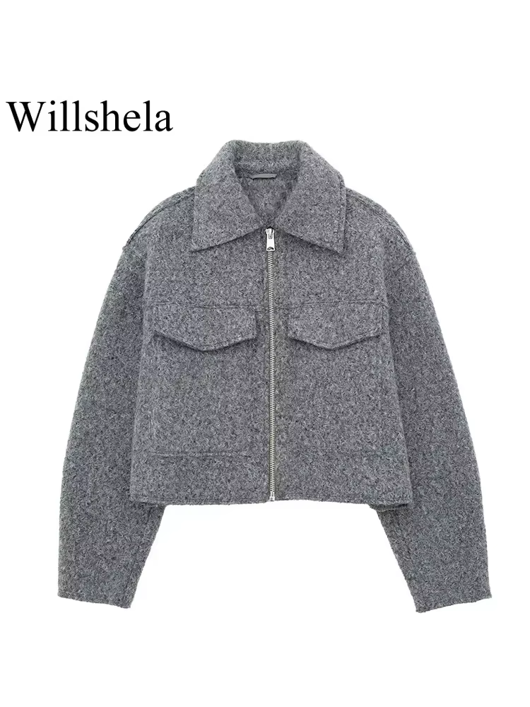 Willshela femmes mode avec poches gris avant vestes à glissière Vintage revers cou manches longues femme Chic dame tenues