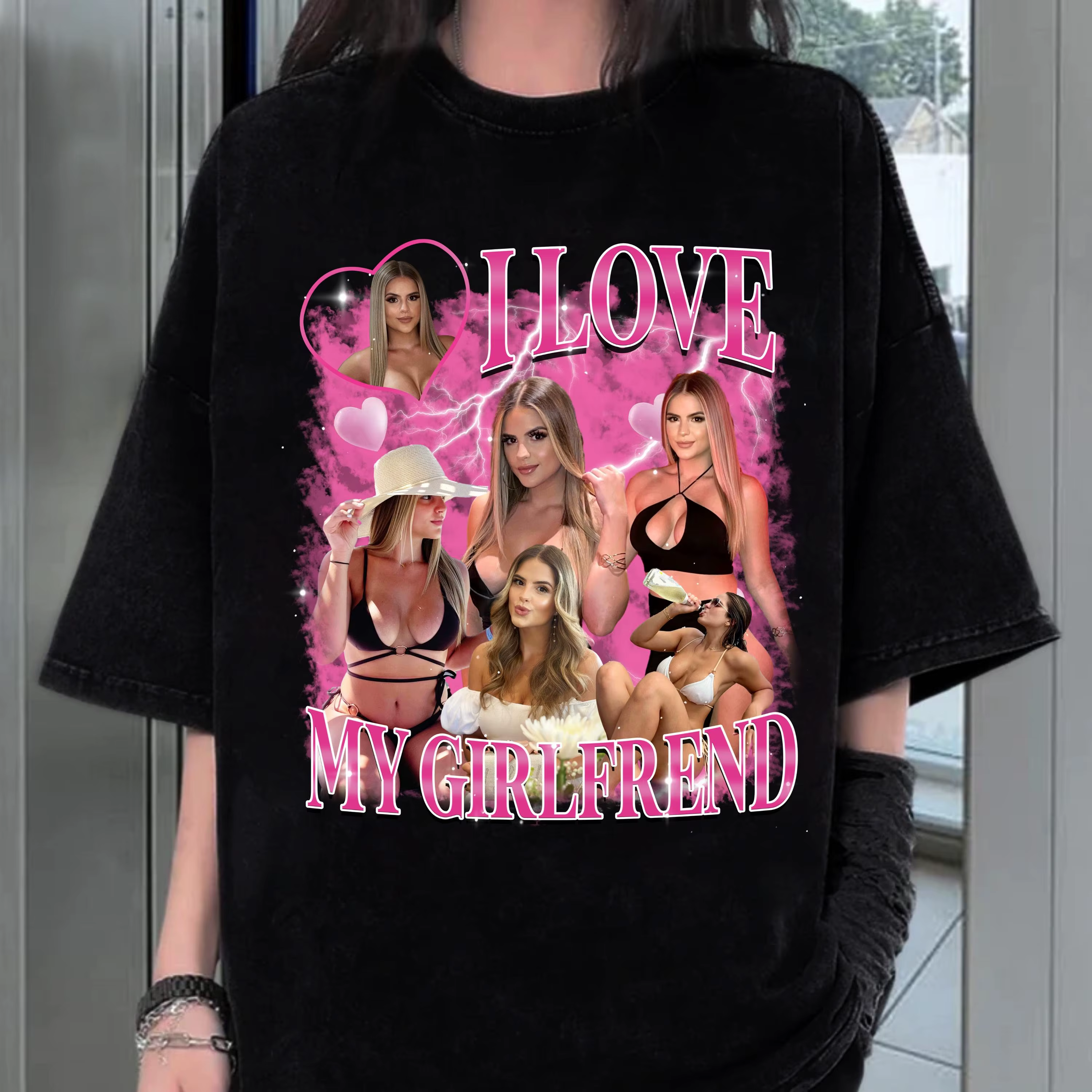 J'aime ma petite amie t-shirt personnalisé, chemise de petite amie bootleg avec photo personnalisée, chemise avec face pour cadeau d'anniversaire pour petit ami