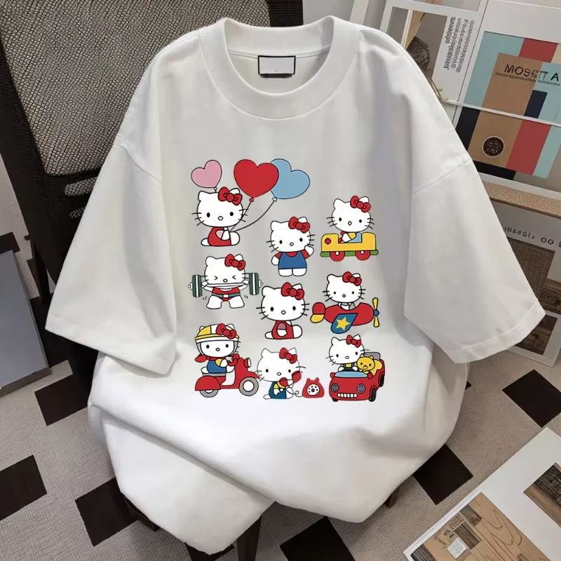 T-shirt en coton Hello Kitty Kawaii Sanrioed Anime Fashion pour femme