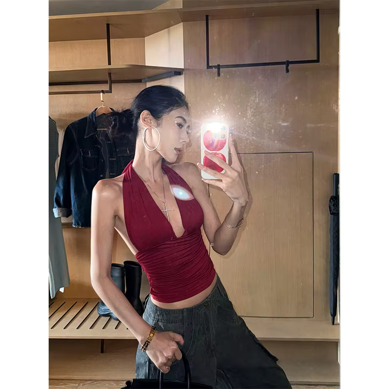 MEXZT Y2K débardeur rouge femmes Streetwear Sexy Gyaru licou dos nu Corset Grunge esthétique col en V Camis été Coquette vêtements