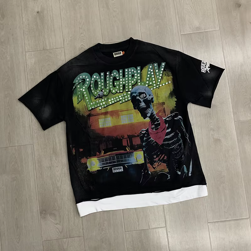 T-shirt à manches courtes imprimé crâne américain 26ss Rough Play