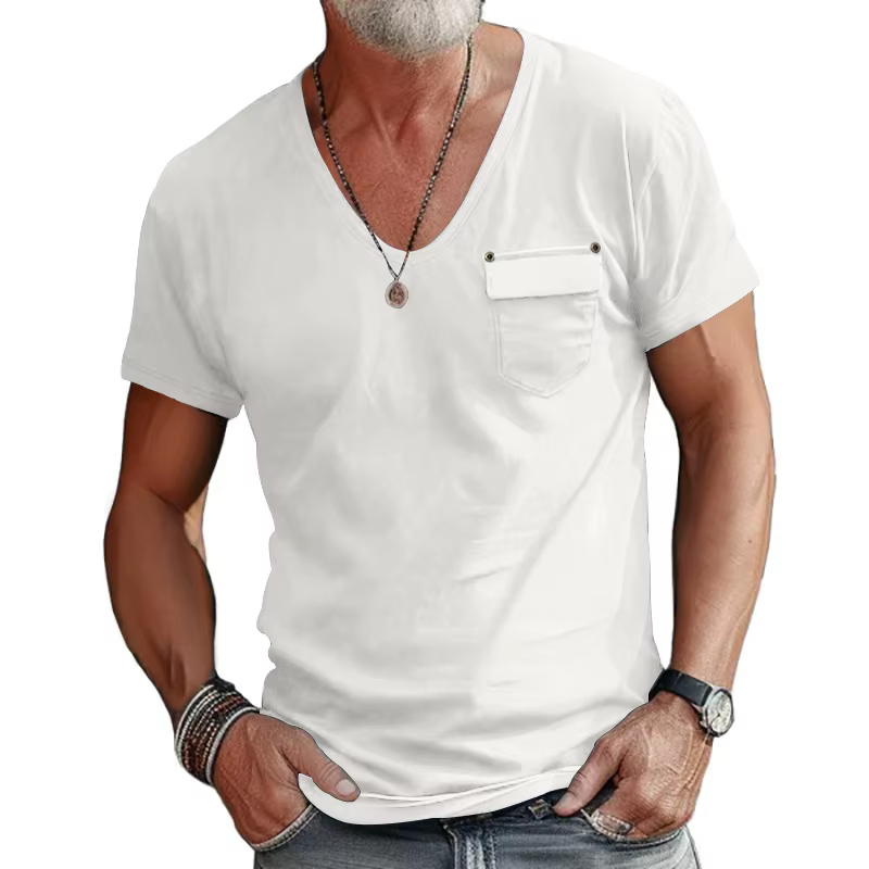 Hommes Col V Poche Économie Casual Homme À Manches Courtes Solide document At Tee Shirt Y-CBFS-CY-25-A