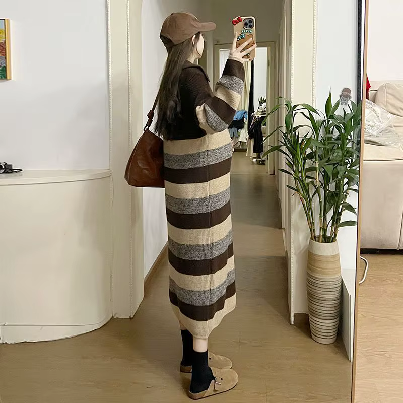 Robe en tricot rayé pour femmes, manches longues, col Polo, coupe ample, longueur mi-mollet, Style décontracté, vêtements d'automne et d'hiver