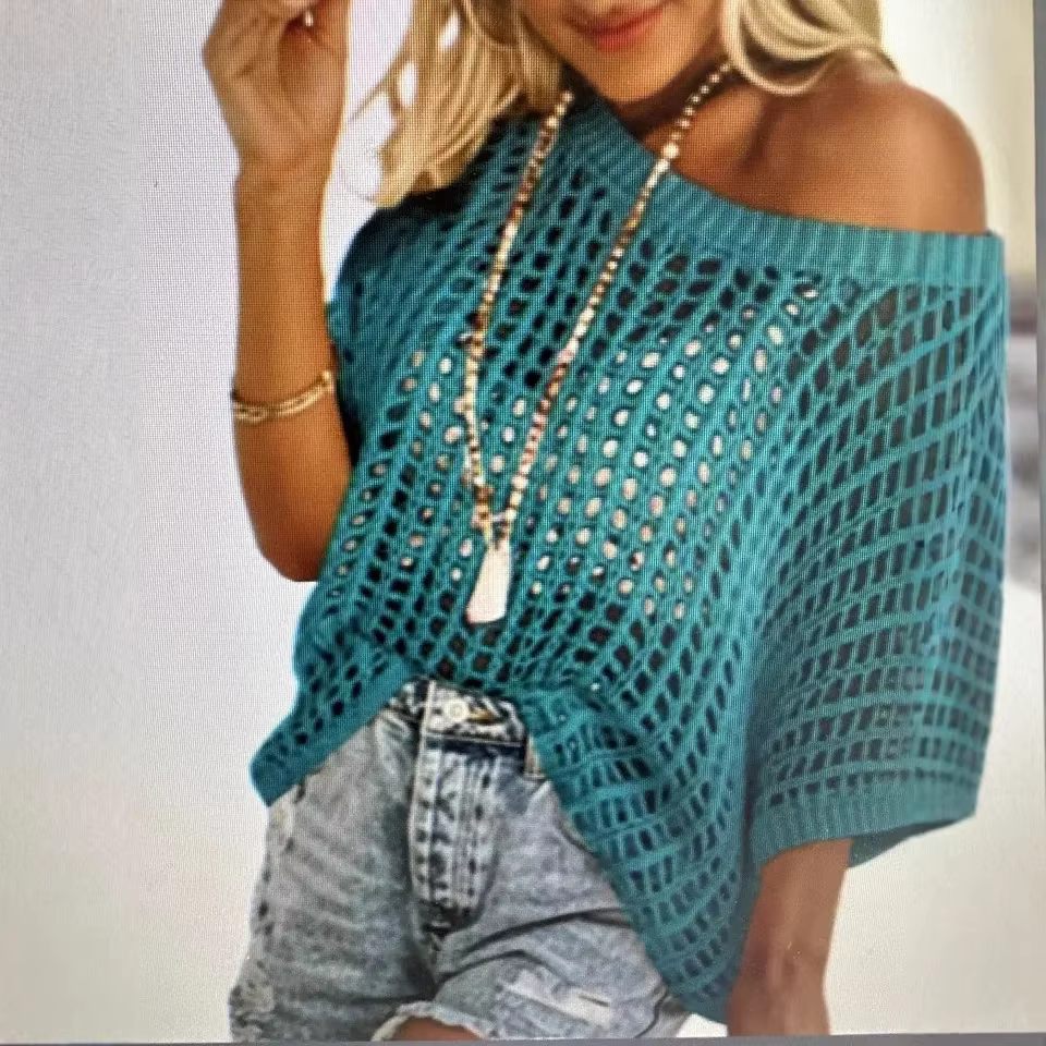 Pull-over sexy à manches trois-quarts ajouré pour femme, collection été 2024, idéal pour la plage, en maille tricotée