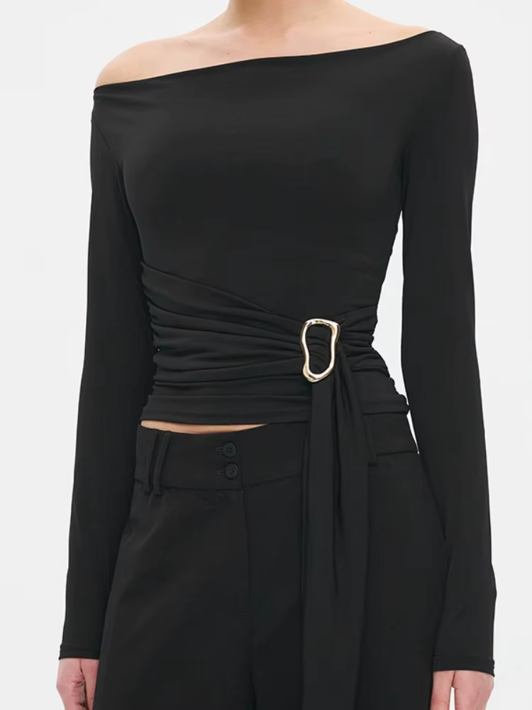 T-shirts à manches longues pour femmes vêtements esthétiques Slash cou haut court glands t-shirt couleur unie Camisetas coupe ajustée Ropa De Mujer