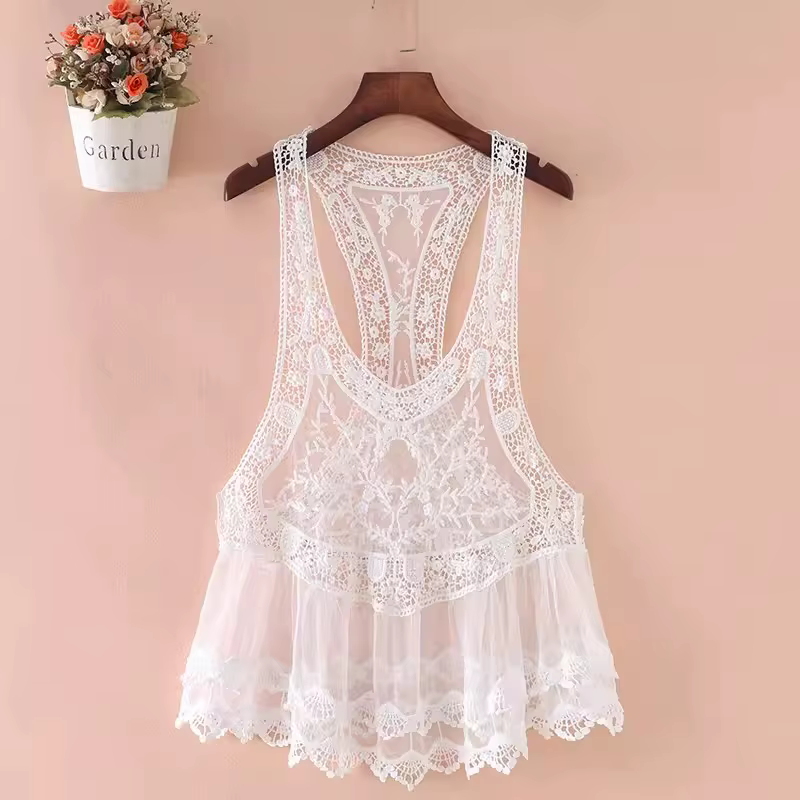 INSPIRED-Débardeur en dentelle crochetée style bohème pour femme