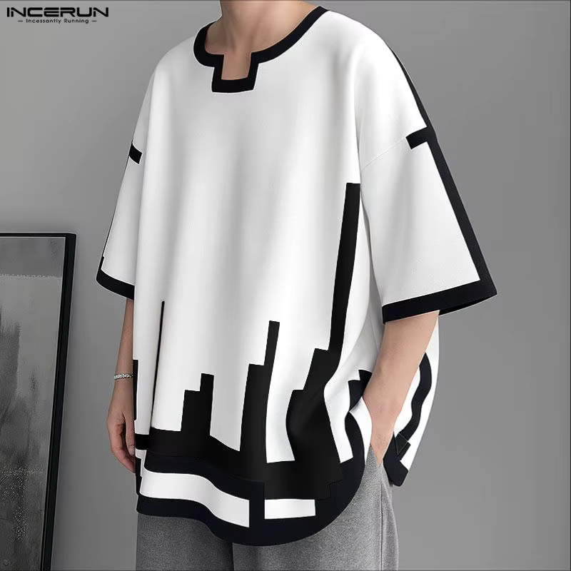 INCERUN hommes t-shirt à manches courtes impression lâche Style coréen mâle