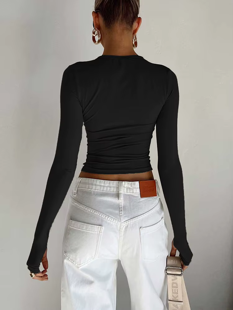 Mode femmes T-shirt à manches longues col rond solide coupe ajustée dames haut court avec trous pour les pouces pour le quotidien Streetwear été Camis