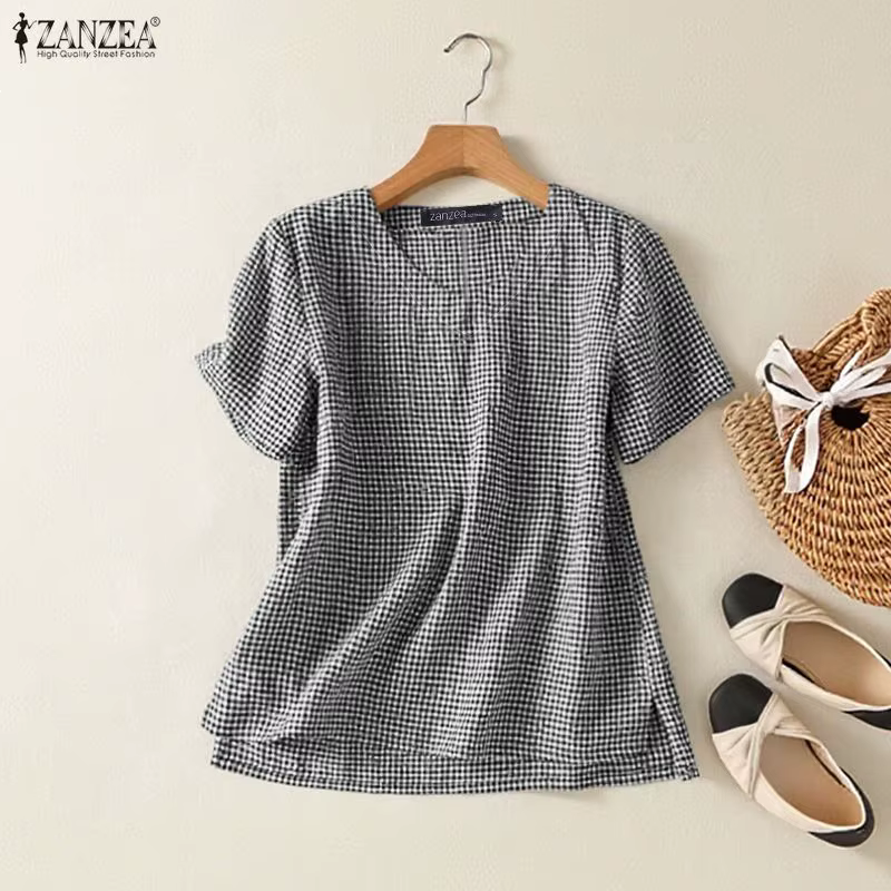 Chemisier à carreaux à manches courtes pour femme ZANZEA