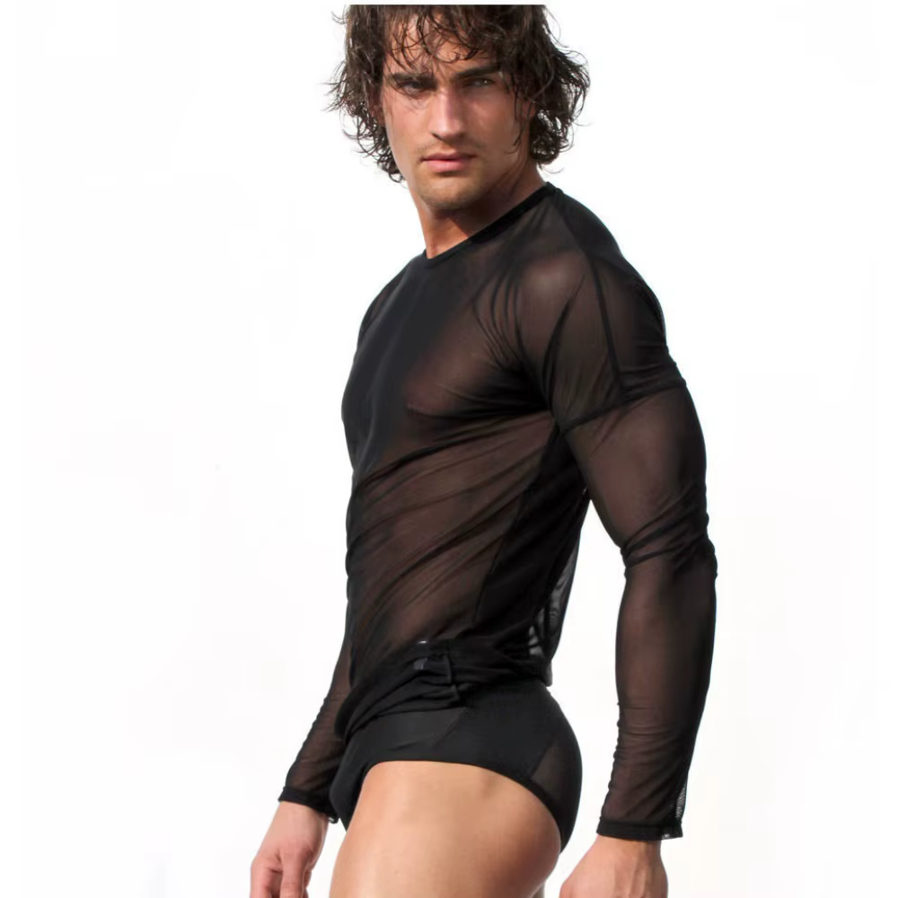 T-shirt à manches longues en filet de pêche en dentelle pour hommes