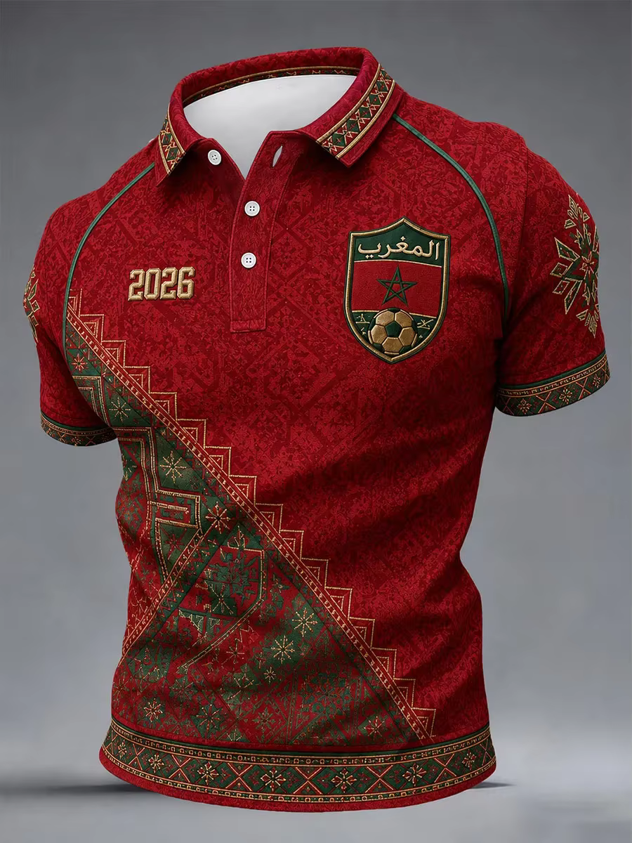 Polo de football marocain modèle 2026 - Impression 3D - Confortable et respirant - Convient aux hommes et aux femmes