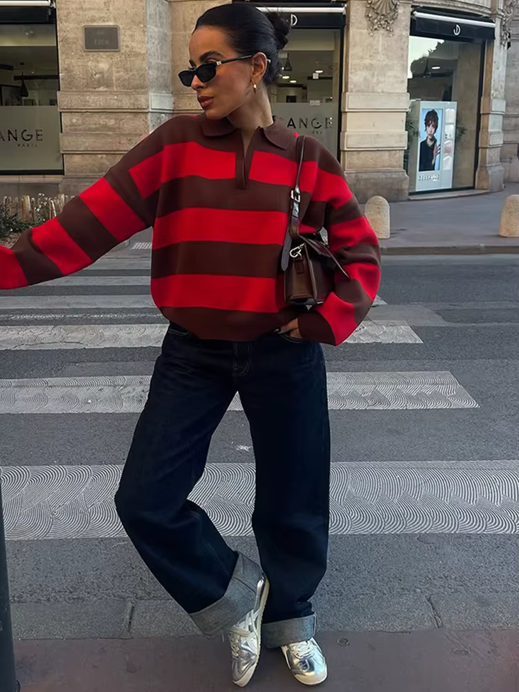 Tricoté côtelé col Polo pull femmes décontracté revers à manches longues coupe ample automne hiver tout-match hauts Chic dame vêtements d'extérieur