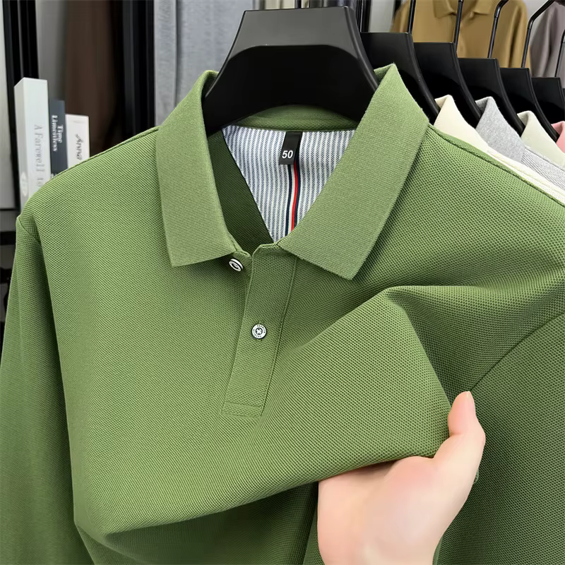 Polo de luxe à manches longues 100% coton nouvelle marque haut de gamme simple confortable couleur unie T-shirt de golf pour loisirs et affaires automne