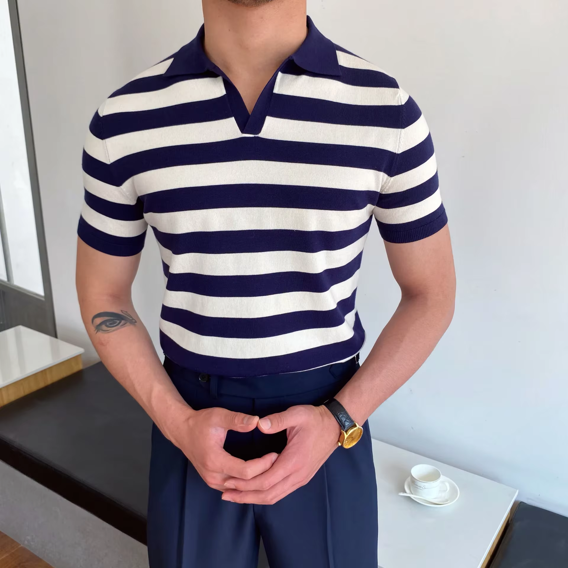Polo homme T-shirt manches coudières mode col