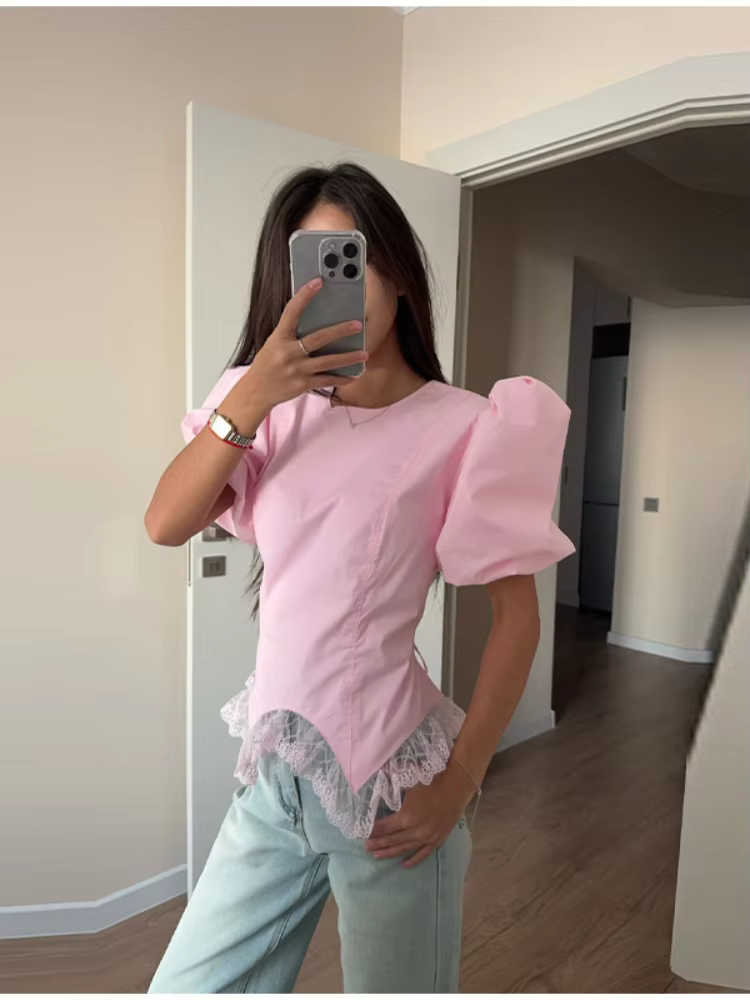Chemisier Polo Femme à Manches Courtes Bouffantes