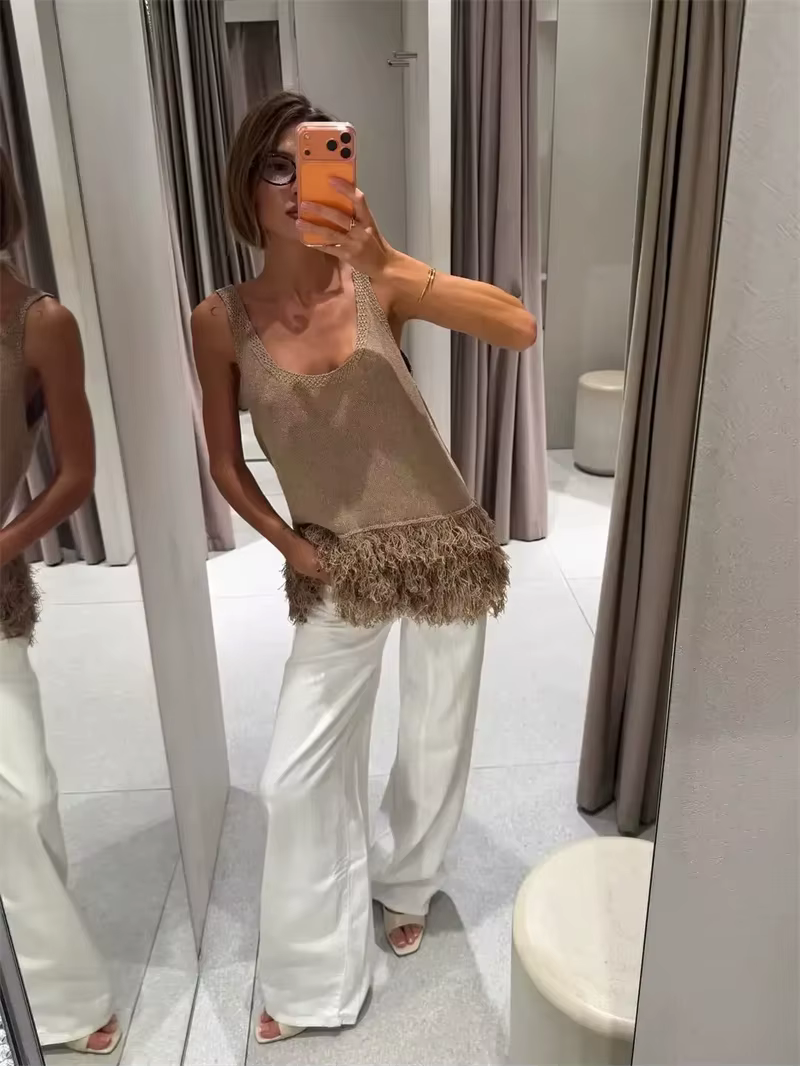 Haut pour femme Été 2026 Nouveauté Camel Sans Manches à Paillettes Style Vacances Sexy Tendance Unique High Street