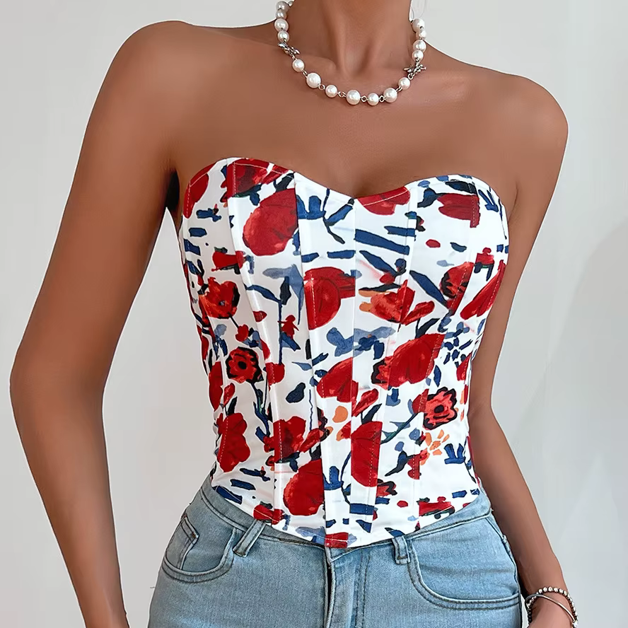 2025 Sexy Hors Épaule Spicy Girl Débardeur Coupe Basse Dos Ouvert Fleur Imprimé Corsets Camis High Street Fishbone Bustier Crop Tops