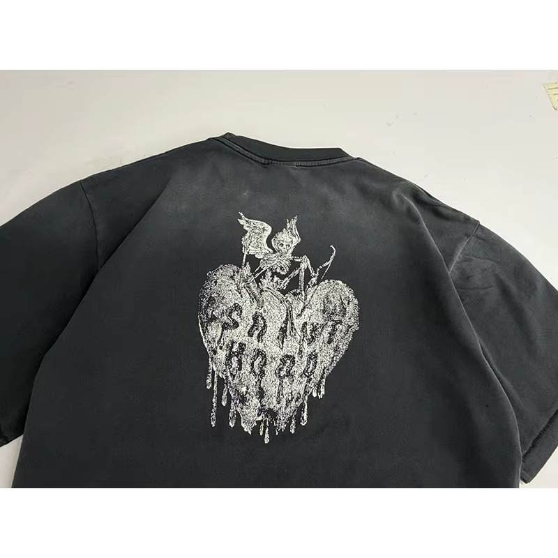 Vintage lavé noir Streetwear Saint capuche T-Shirt hommes femmes surdimensionné ange crâne amour imprimé Splash-encre