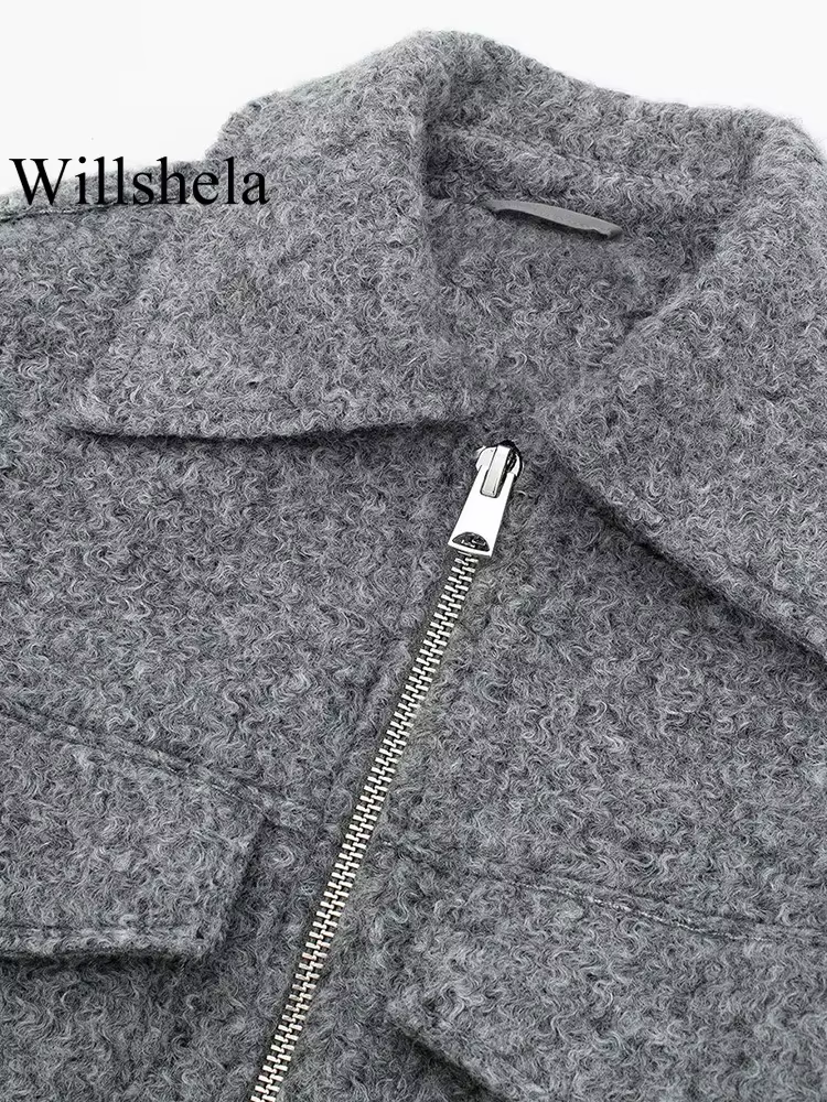 Willshela femmes mode avec poches gris avant vestes à glissière Vintage revers cou manches longues femme Chic dame tenues