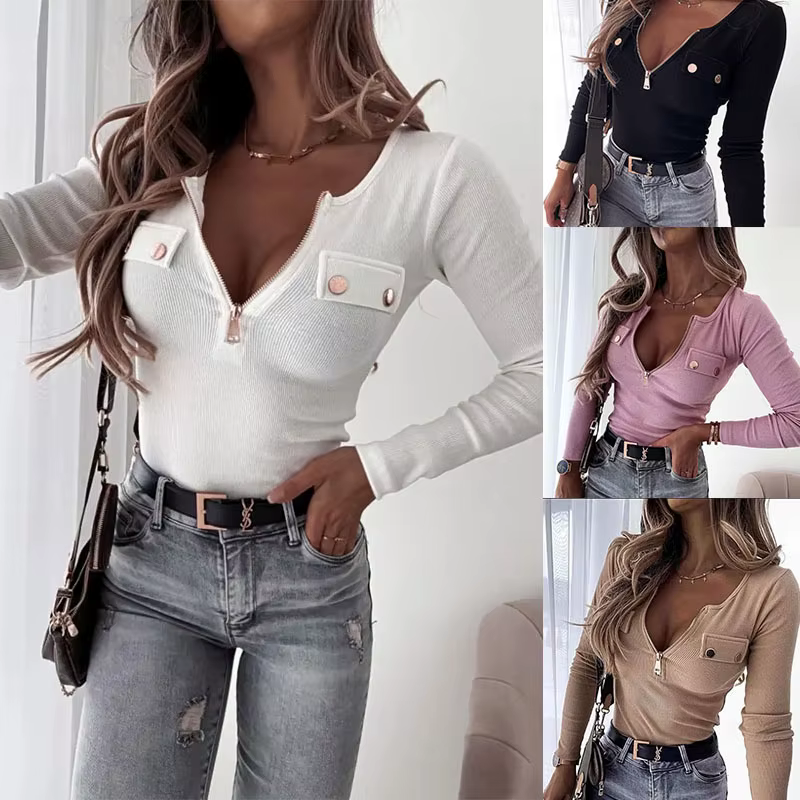T-shirt manches longues col en V pour femme