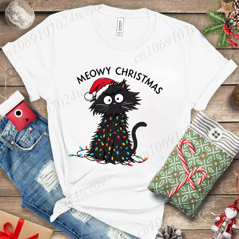 T-shirt graphique décontracté pour femmes – Imprimé de Noël Meowy
