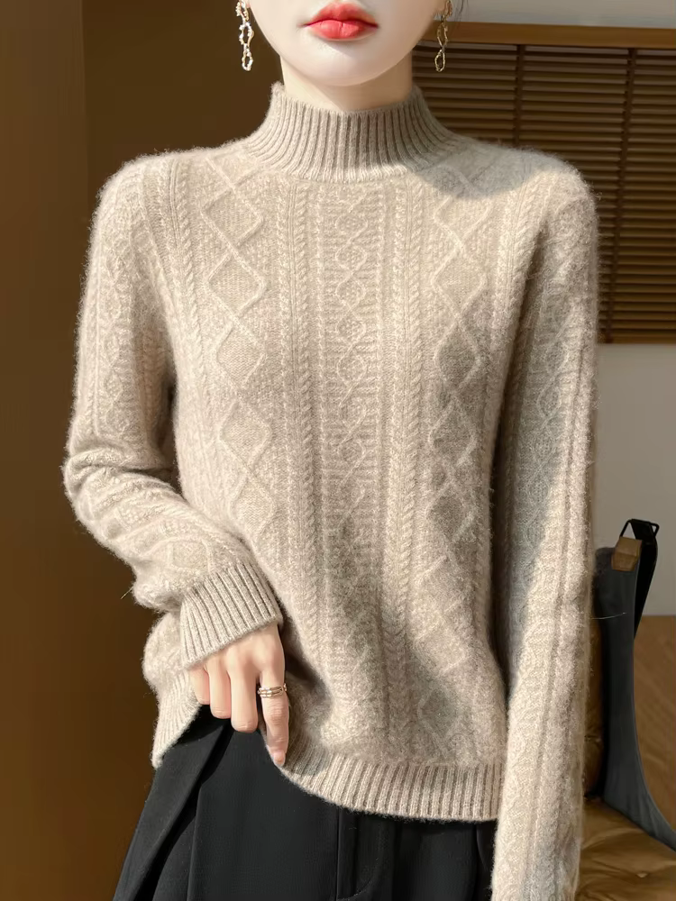 100% laine mérinos pull femmes automne hiver pulls col montant cachemire tricots doux chaud confort femme basique bas chemise